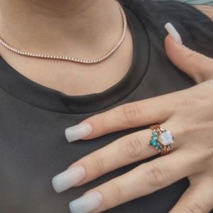 16 inch moissanite tennis necklace and moonstone 3 piece ring set